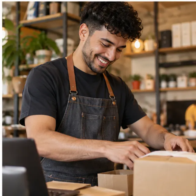 Jovem empreendedor preparando produtos em seu espaço de trabalho